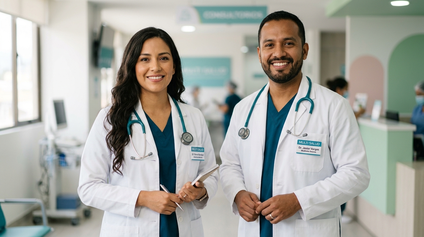 Doctora y doctor de MultiSalud sonriendo